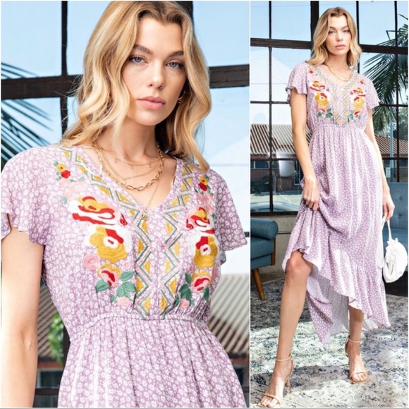 ValMarie Dresses & Skirts - New Ditsy Floral Dusty Lilac Floral Embroidered Hi Low Spring Summer Dress